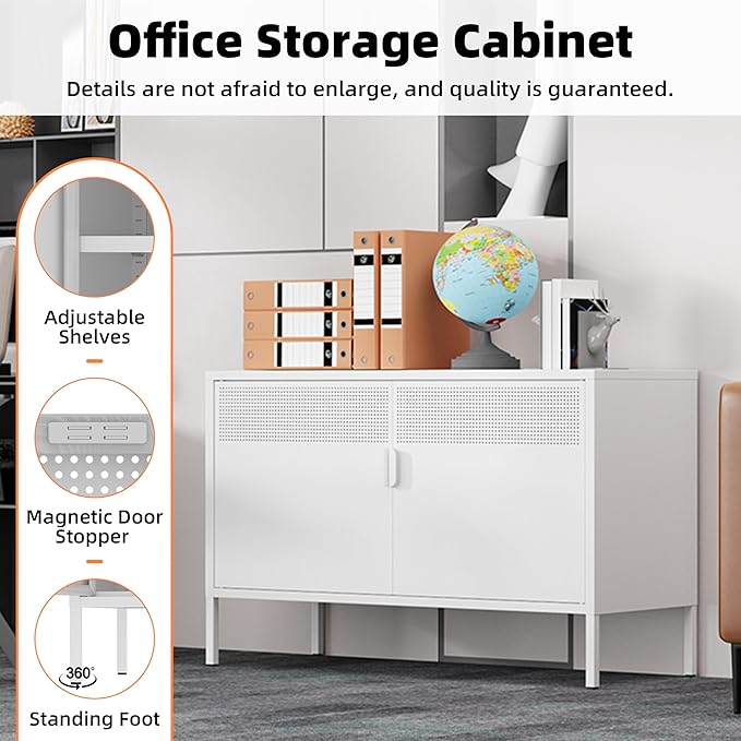Metal Storage Cabinet,2 Door TV Stand, Metal Mesh Accent Cabinet,Magnetic Door Closure,Low Storage Cabinets with Doors and Shelf for Home,Office,Living Room