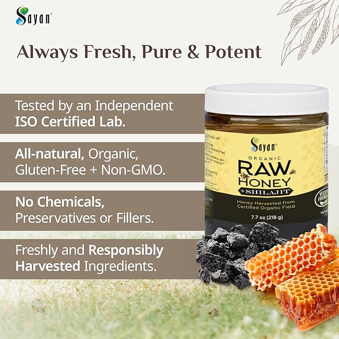 Sayan Organic Honey with Pure Shilajit Resin 7.7 oz /218 g - Potent Fulvic Acid Supplement - Immune System Support, Detox & Natural Energy - Gluten-Free, Non-GMO, All Natural & Tested