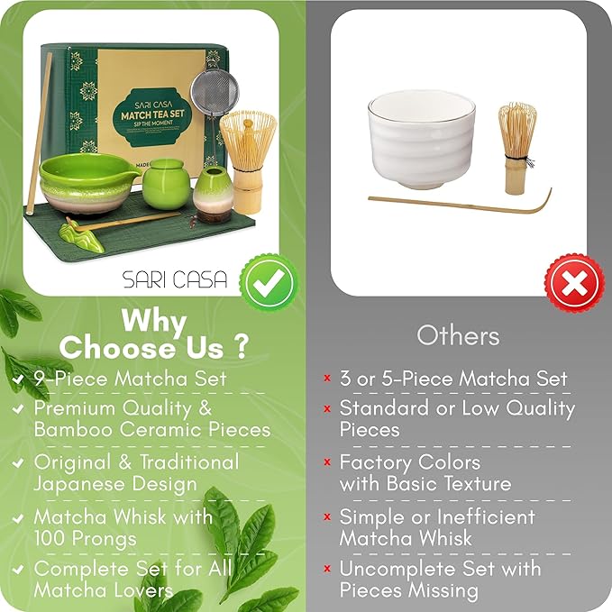 9 Pcs Matcha Whisk Set – Bamboo Matcha Whisk, Bowl, Scoop and Sifter – Complete Matcha Tea Set and Kit for Making Matcha at Home, Cup and Accessories