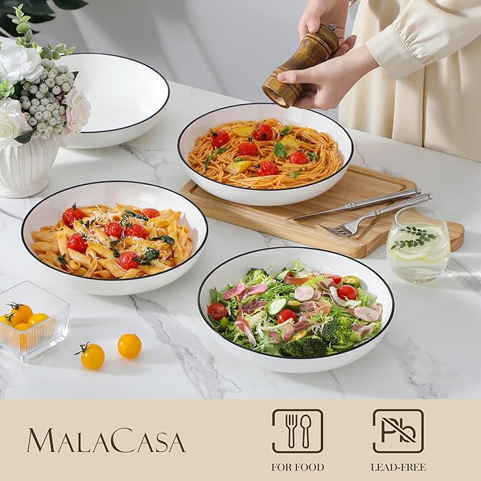 MALACASA 10" Large Pasta Bowls, 56 OZ White Salad Bowls Soup Bowls, Porcelain Serving Bowls Set of 4, Ivory White & Black Rim, Microwave & Dishwasher Safe, Series REGULAR