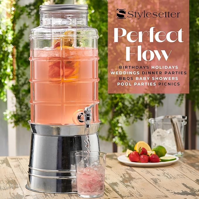Style Setter Patchwork Beverage Dispenser Cold Drink Dispenser w/ 2.4-Gallon Capacity Glass Jug, Ice Insert, Fruit Infuser, Galvanized Base, Leak Proof Spigot Great for Parties Weddings