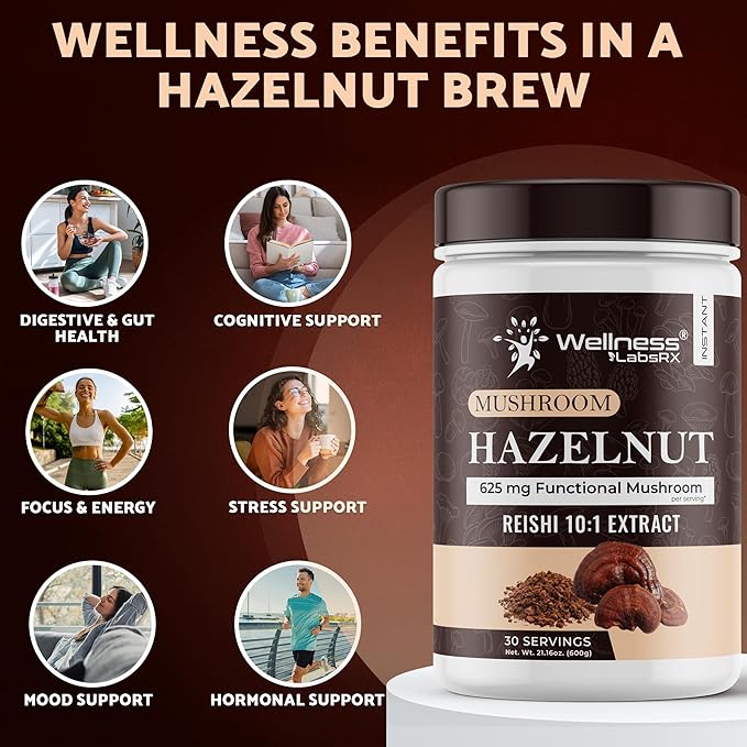 Mushroom Hazelnut Powder with Reishi 10:1 Extract, Hot Cocoa Powder Caffeine-Free Mushroom Coffee Alternative - Adaptogenic Superfood Drink for Focus, Relaxation, and Mood Support - 30 Servings