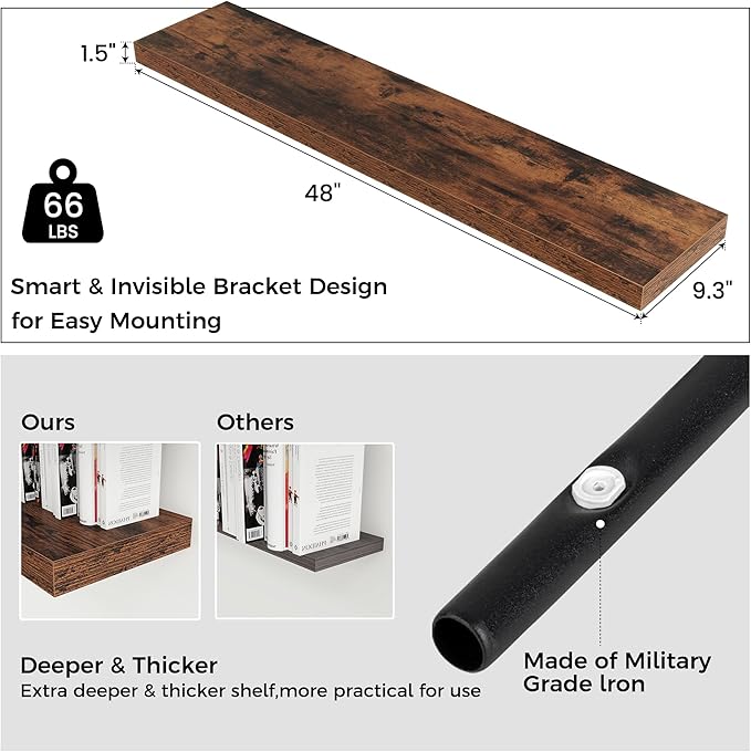 Floating Shelves for Wall, Engineered Wood Wall Shelves with Invisible Brackets for Living Room Bedroom Bathroom Office Kitchen Decor and Storage (Brown, 48" W x 9" D x 1.5" H) Set of 2