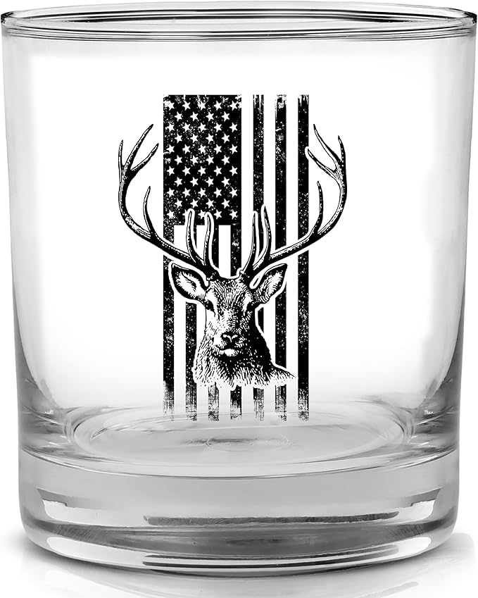 Hunting Gift USA Tattered Worn Flag Buck Deer Old Fashioned Glass Drinking Cup Gift For Hunter Hunt (1)