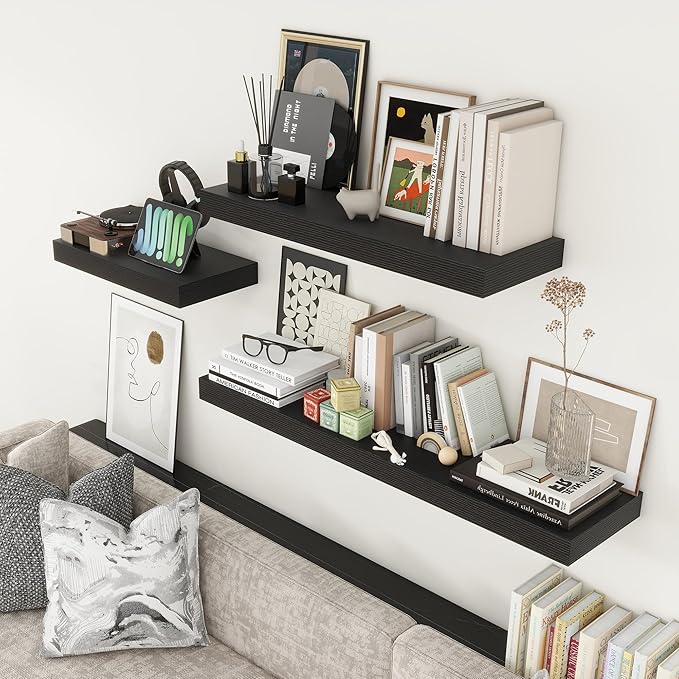 Deep Floating Shelves | 36 Inch Black Floating Shelves Set of 2 | 12 Inch Deep Rustic Wood Shelves for Wall | 36" W x 12" D Black Shelves for Living Room Bathroom Laundry Room Kitchen