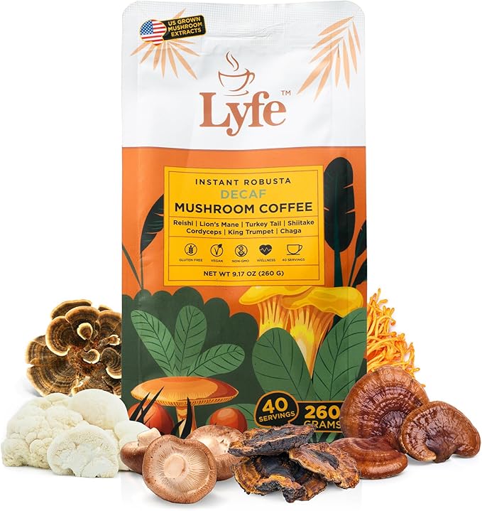 LYFE Organic Instant Decaf Mushroom Coffee, 40 Servings – Lion’s Mane, Chaga, Cordyceps & Turkey Tail | Adaptogenic Blend for Energy, Focus & Wellness | Natural Superfood Coffee for Daily Vitality