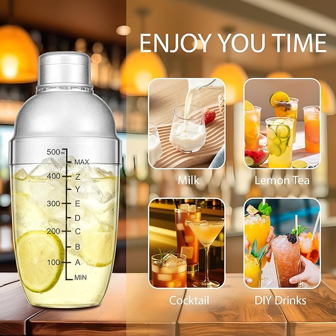 Plastic Cocktail Shaker with Measuring Scale 17oz (500ml), Leak-Proof & Shatter-Resistant Drink Mixer for Bartending, Protein Shakes, Iced Coffee & Milk Tea