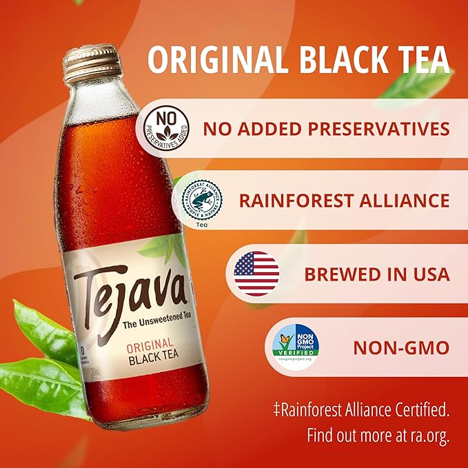 Tejava Original Unsweetened Black Iced Tea, 4 Pack, 12oz Glass Bottles, Non-GMO, Kosher, No Sugar or Sweeteners, No calories, No Preservatives, Brewed in Small Batches