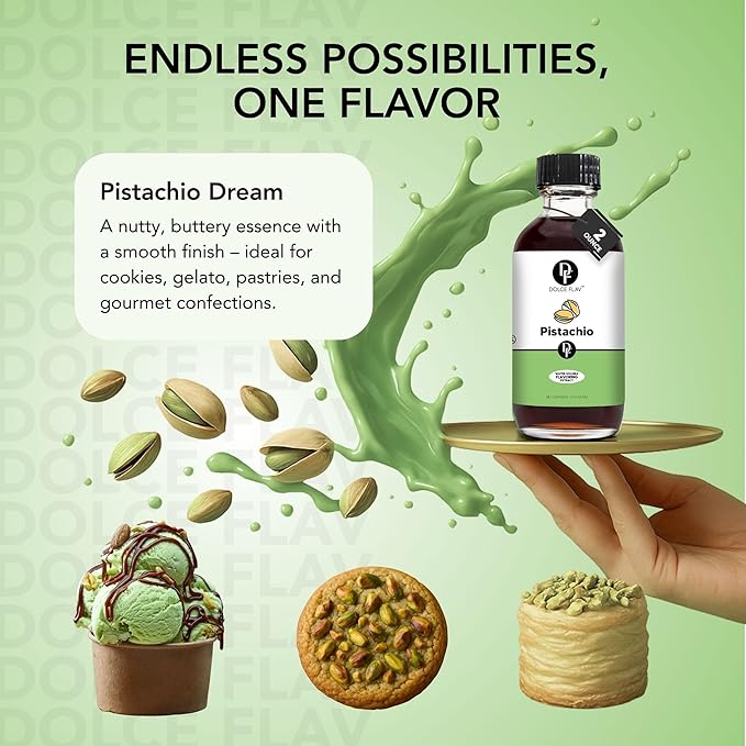 Dolce Flav Pistachio Extract – 8 Ounce Water-Soluble Kosher, Sugar-Free, Concentrated Nutty Pistachio Flavor for Baking, Ice Cream & Pastries, Includes Measured Dropper