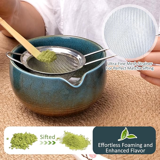 Joyscale Matcha Whisk Set, Matcha Set Whisk And Bowl, 8 Pcs Matcha Kit Set(Ancient Kiln Design), 14 OZ, Japanese Matcha Tea Set, Matcha Making Kit Gifts for Tea Lovers(Blue)