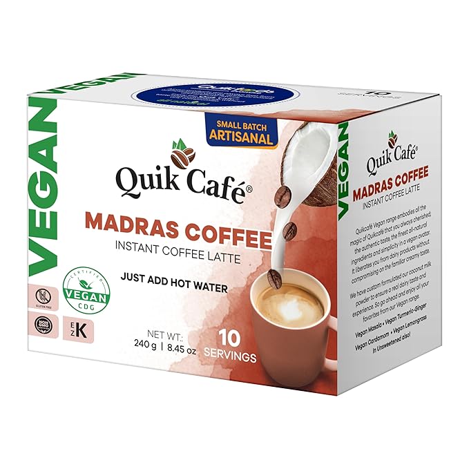 QuikCafe Vegan Madras Coffee – 10 Count, Instant Herbal Blend with Natural Ingredients, Caffeine-Light, Preservative-Free – Just Add Hot Water