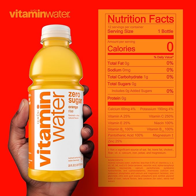 vitaminwater Zero Sugar Rise Orange Nutrient Enhanced Flavored Water Beverage, 20 fl oz Bottles, 12 Pack