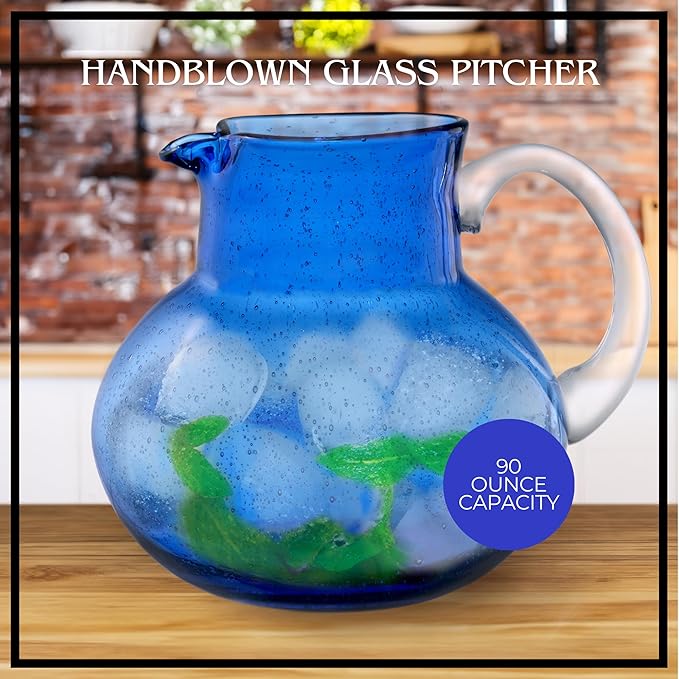 Artland Iris 90 Oz Handblown Glass Pitcher - Bubble Shape, Lead-Free - Versatile Drink Dispenser for Water, Juice, Cocktails - Enhanced Kitchen Decor, Dishwasher Safe (Cobalt Blue)