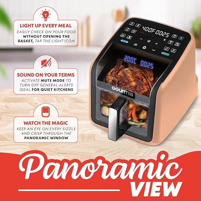 Gourmia Air Fryer 7 QT - Easy View Panoramic Window & Interior Light, Guided Cooking with 12 One-Touch Presets, FryForce 360, Dishwasher Safe Accessories, Peach