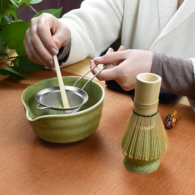Artcome 7-Piece Matcha Tea Set - Complete Japanese Ceremony Kit with Bowl, Whisk, Scoop, Strainer & Guide, Mottled Green