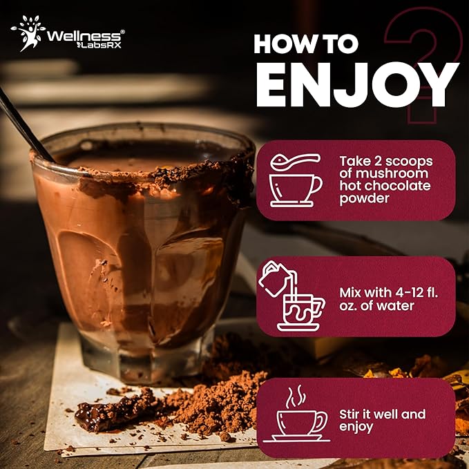 Mushroom Hot Chocolate Powder with Reishi 10:1 Extract, Hot Cocoa Powder Caffeine-Free Mushroom Coffee Alternative - Adaptogenic Superfood Drink for Focus, Relaxation, and Mood Support - 30 Servings