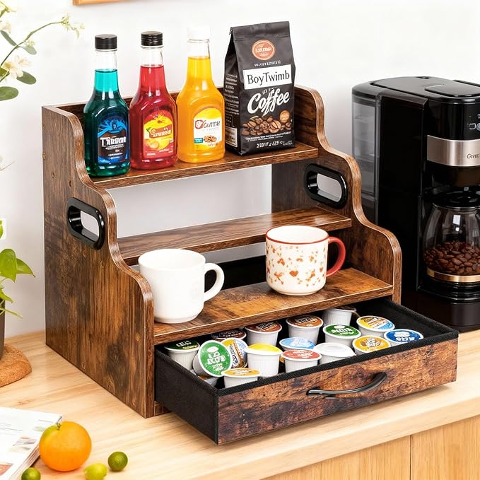 3-Tier Liquor Bottle Display Shelf with Drawers- Holds 12 Bottles & 36 K-Cups, Countertop Wine Rack, Coffee Syrup Rack, for Mini Bar, Whiskey, Spice Rack