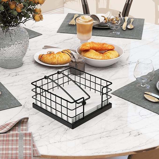 Homode Napkin Holders for Paper Napkins, Farmhouse Napkin Holder for Table, Flat Napkin Basket with Weighted Arm, Square Napkin Dispenser for Kitchen, Black