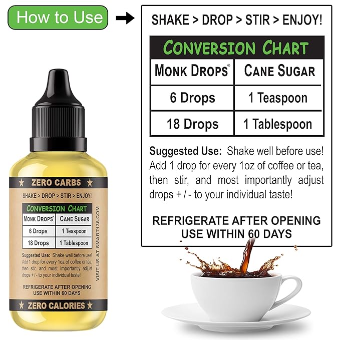 Monk Drops - 100% Monkfruit Liquid Sweetener, Zero Glycemic, Zero Calories, Zero Sugar, No Added Water, Concentrated Monk Fruit (350 Servings, 1.5 Fl Oz)