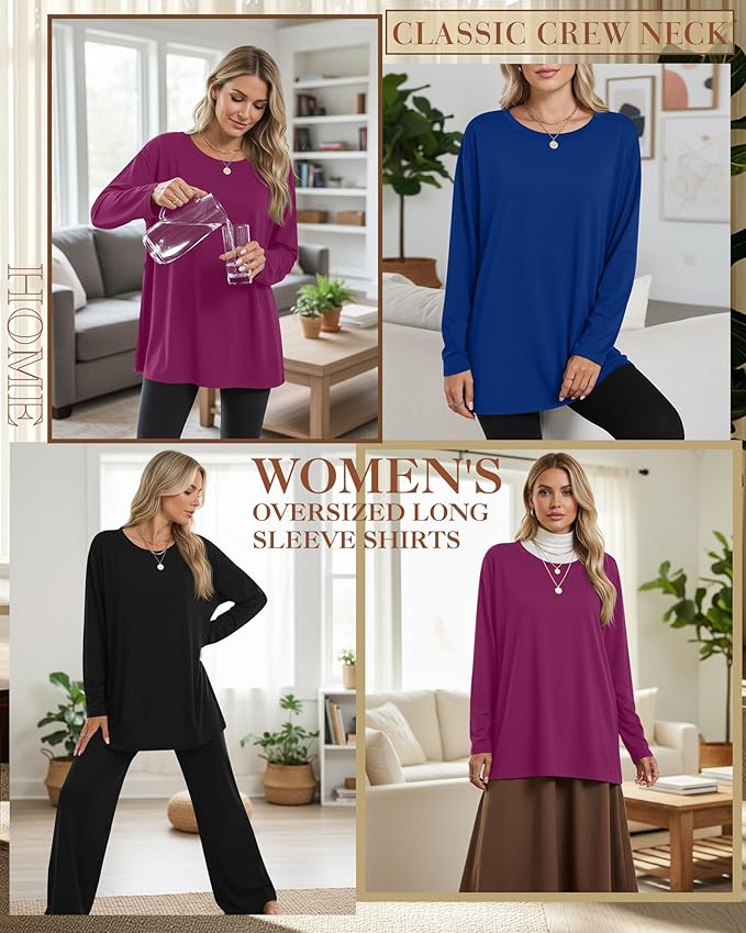 Ficerd 3 Pack Women's Oversized Long Sleeve Shirts Cotton Gym Round Neck Tops Loose Fit Casual Workout Baggy Fall Basic Tee