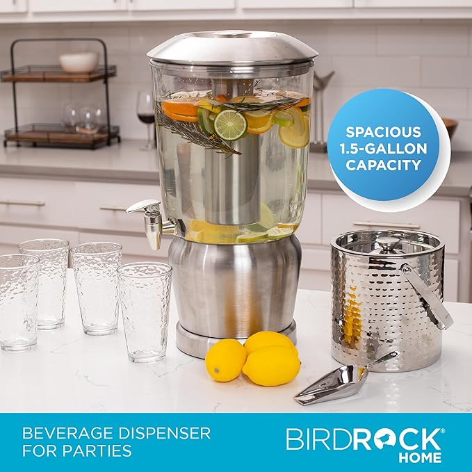BirdRock Home 1.5 Gallon Stainless Steel Beverage Dispenser with Ice Container, Stand & Spigot - Round - BPA Free Clear Tritan Plastic