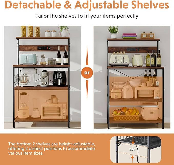 Simple Deluxe Kitchen Bakers Rack with Power Outlet, Coffee Bar Accessories Table, 4-Tier Adjustable Storage Shelf for Spices, Freestanding Appliance Organizer, 23.6 Inch, Rustic Brown