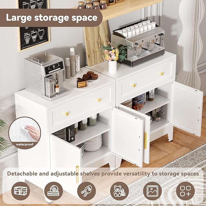 Kitchen Storage Cabinet with Drawers and Doors,Farmhouse Pantry Cabinet with Adjustable Shelves,Floor Sideboard and Buffet Server for Living Room,Dining Room,Bathroom,White