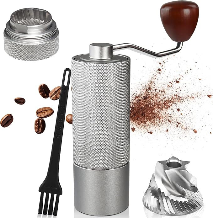 Non-Detachable Manual Coffee Grinder with 25 Level Stainless Steel Conical Burr Portable Aluminum Coffee Bean Grinder Suitable for Moka Pot Espresso French Press Pour Over Easy Cleaning with Brush