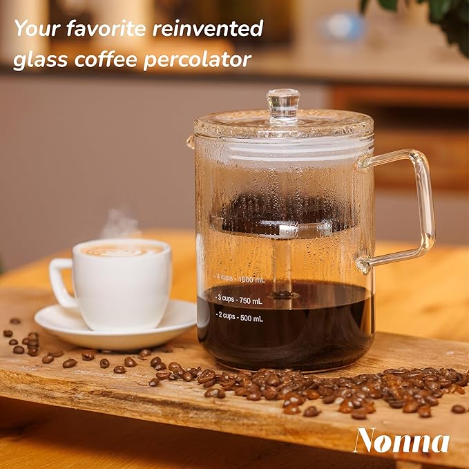 NONNA 2.0 Glass Coffee Percolator - Borosilicate Glass & Stainless Steel Retro Percolator | Eco Friendly Coffee Gift | BPA Free | Stovetop Glass Coffee Percolator (1 Unit)