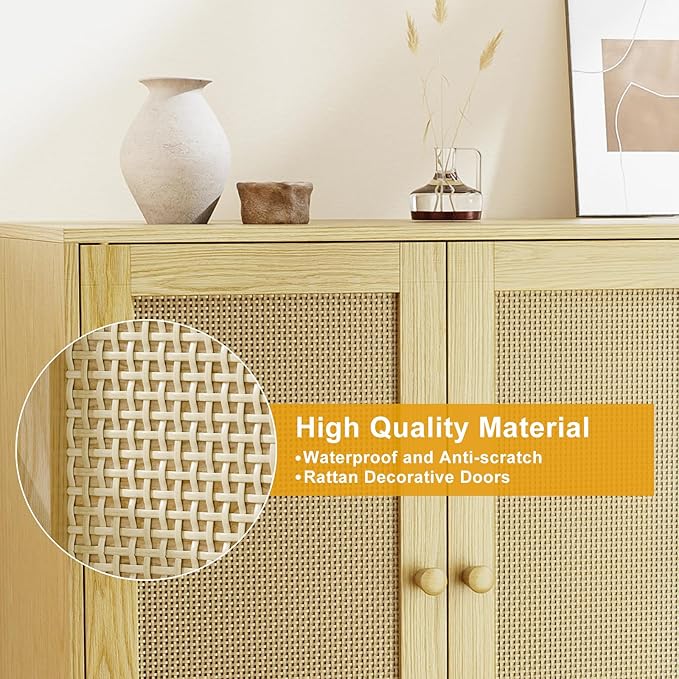 2 Door Rattan Storage Cabinet, Wood Kitchen Sideboard Buffet Console Table with Shelves for Living Room, Hallway, Kitchen, Oak
