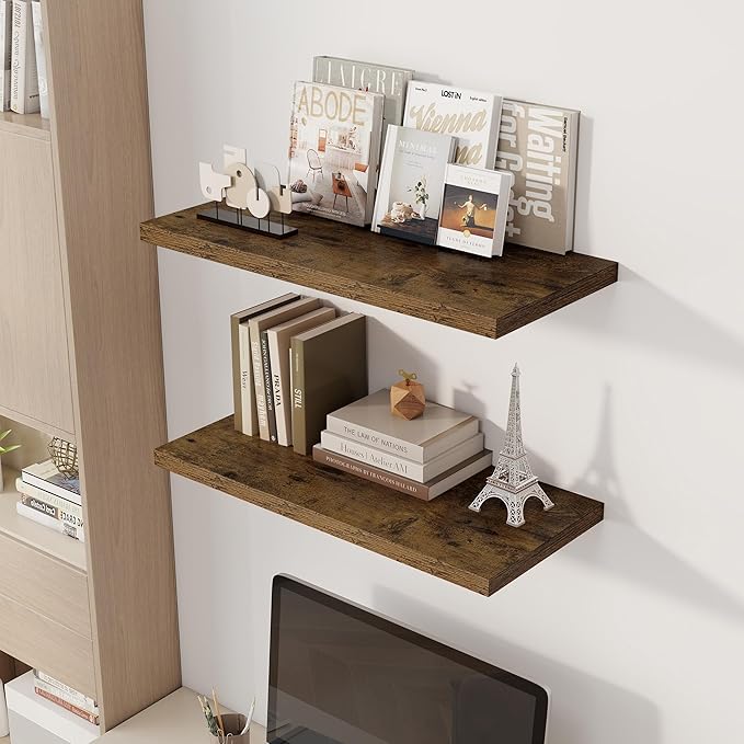 Dreamland 30" Floating Shelves for Wall, 12" Deep Slim Rustic Brown Floating Shelves, Wall-Mounted Shelves for Bedroom, Living Room, Kitchen, Bathroom - Set of 2