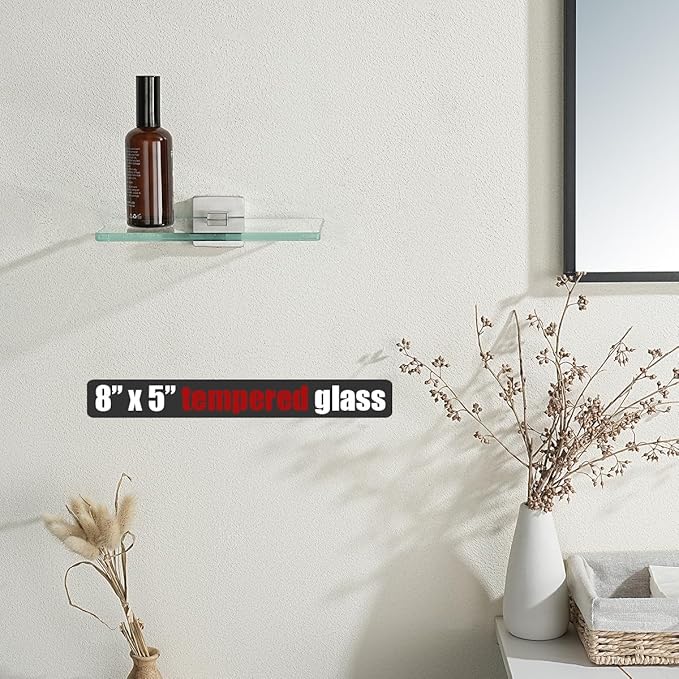 JQK Bathroom Glass Shelf, Tempered Glass Shower Storage 8 by 5 inches, 304 Stainless Steel Brushed Finish Wall Mount, TGS201L8-BN