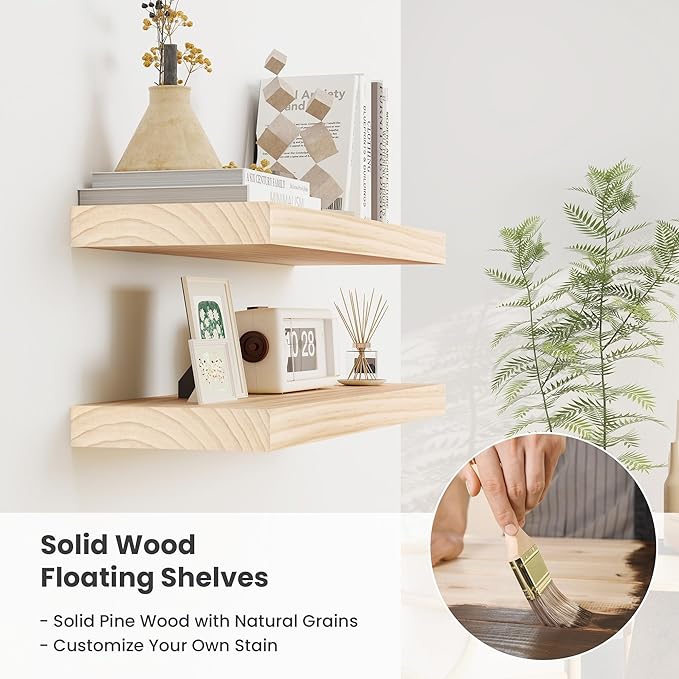 Fun Memories Wood Floating Shelves Set of 2, Rustic Pine Wood Floating Shelves for Wall Mounting, Wide Wall Shelf for Home Decor and Storage, 24" W x 7" D, Natural Unfinished, DIY Stain