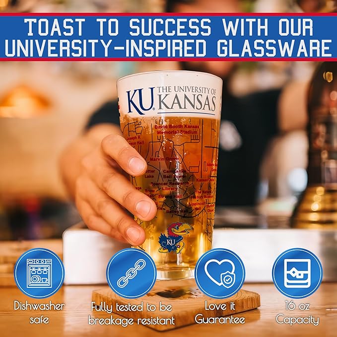 Greenline Goods – University of Kansas Jayhawks College Pint Beer Glasses (Set of 2), 16 oz – Full-Color Logo + Campus Map