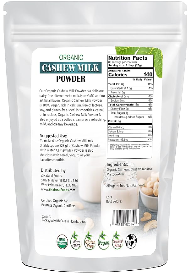 Z Natural Foods Organic Cashew Milk Powder - All Natural Creamer - Perfect For Coffee, Smoothies, Cereal, Drinks & Baking - Vegan, Gluten Free, Non GMO, Kosher, & Dairy Free - 5 lbs