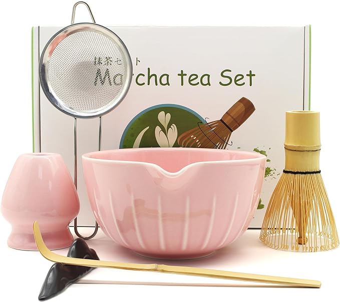 Matcha Whisk Set 7 Pcs - Ceramic Matcha Set with Bowl, Whisk, Holder, Bamboo Scoop, Rest, Sifter, and Tea Towel – Elegant Matcha Kit Gift for Women