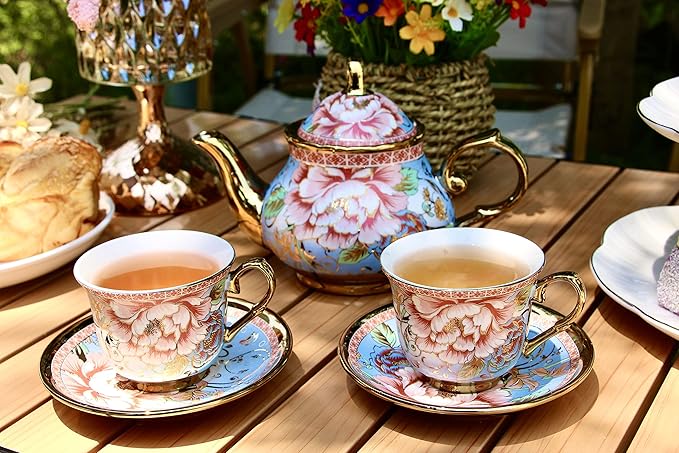 20 Pieces Porcelain Tea Set With Metal Holder, European Ceramic tea set for adults,Flower Tea Set,Tea Set For Women With Flower Painting(Large version, Light Blue))