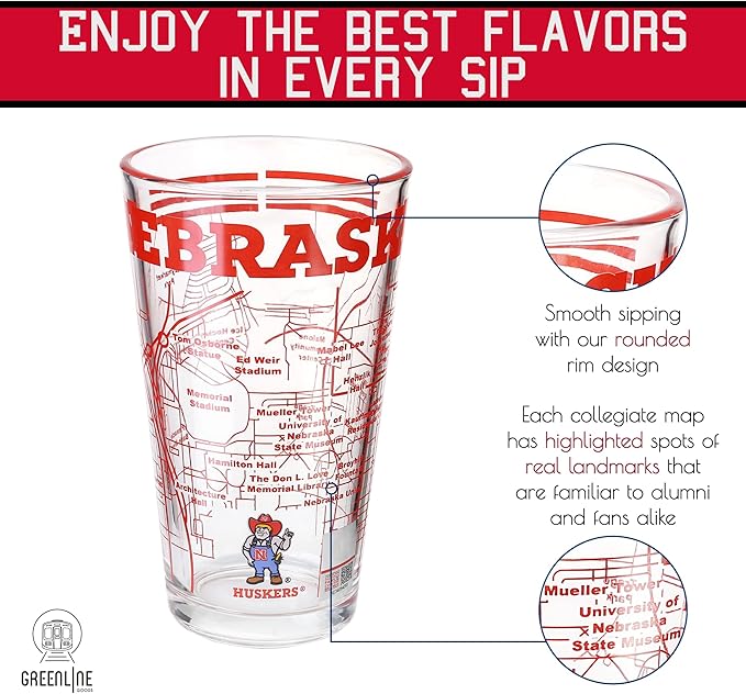 Greenline Goods – University of Nebraska Cornhuskers College Pint Beer Glasses (Set of 2), 16 oz – Full-Color Logo + Campus Map