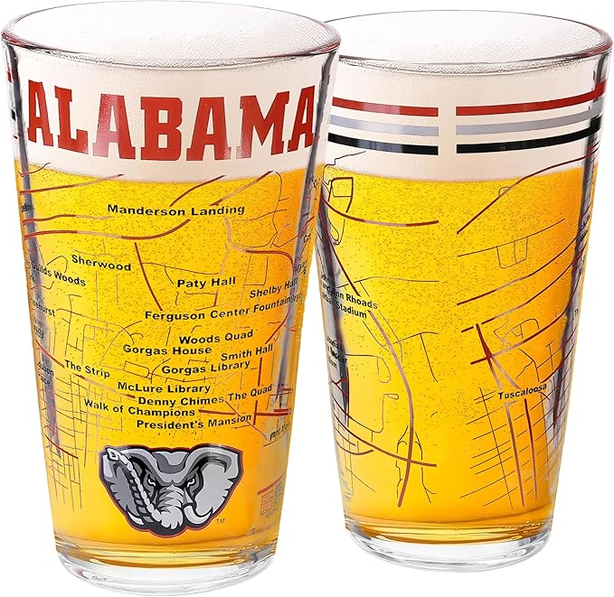Greenline Goods – University of Alabama Crimson Tide College Pint Beer Glasses (Set of 2), 16 oz – Full-Color Logo + Campus Map