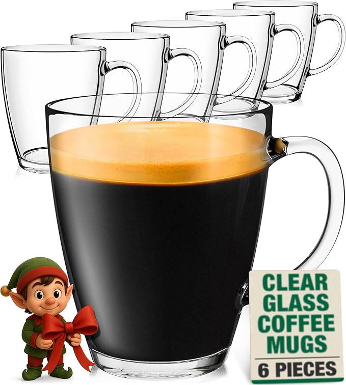 Eparé 12 oz Clear Tempered Glass Coffee Mugs Set of 6 for Hot Beverages - Durable - Giftable Tea & Coffee Glass Cup with Handle