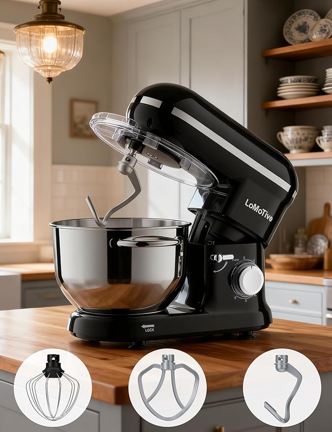 Stand Mixer 6QT Dough Mixer - 660W Kitchen Mixer 6-Speed Electric Mixer with Egg Whisk Dough Hook Flat Beater BLACK