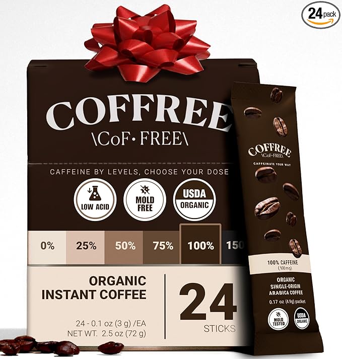 COFFREE Organic Instant Coffee Packets - 100% Caffeine, Low Acid, Mold Free Coffee Made with Medium Roast Arabica Coffee Beans - Smooth & Rich Taste - Hot or Cold Single Serve Packets 24 Pack Box