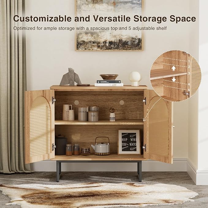 Vabches Sideboard Buffet Cabinet with Rattan Doors, 2 Doors Accent Sideboard Cabinet, Coffee Bar Cabinet with Metal Legs for Living Room, Hallway, Entryway Natural (Natural, 2 Doors)