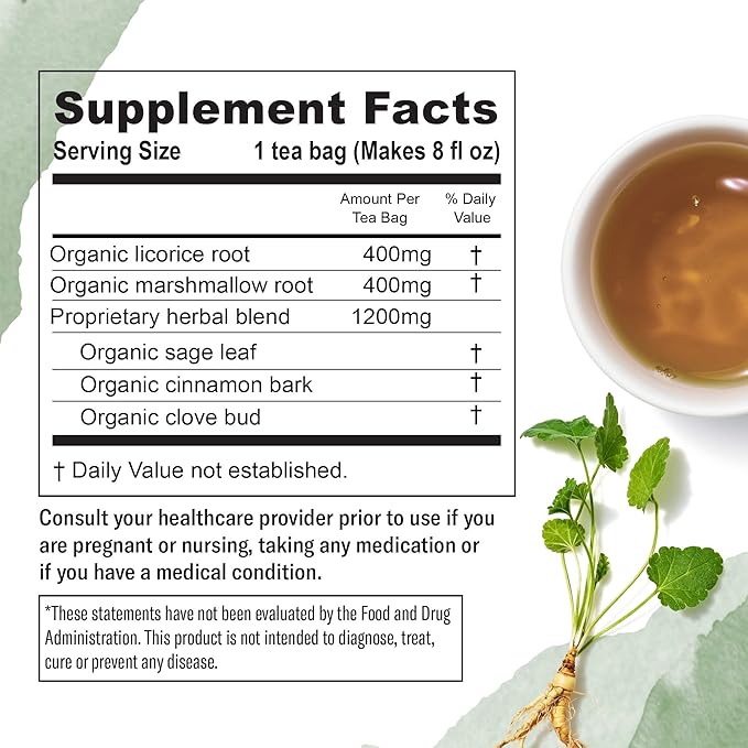 Numi Organic Throat Soother Herbal Tea, 48 Tea Bags, Caffeine‑Free Blend with Sage, Licorice Root, Marshmallow Root, Cinnamon & Clove for Soothing Throat Comfort