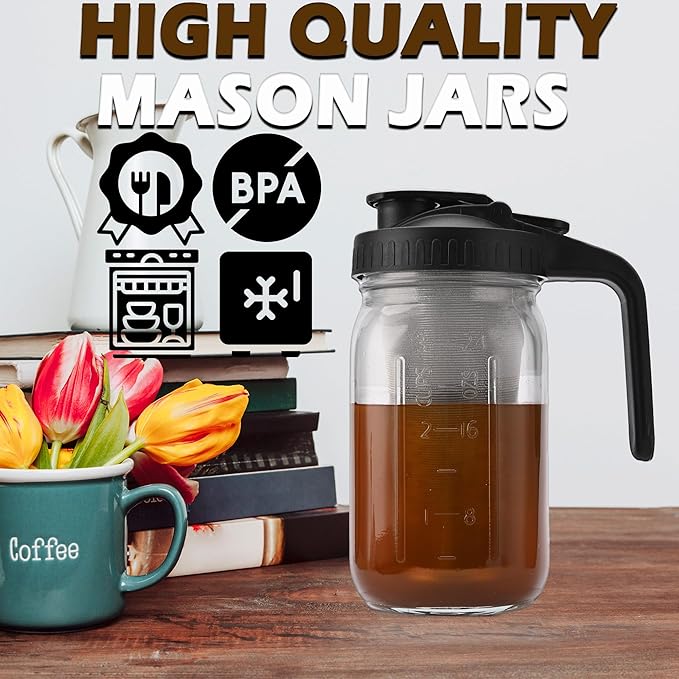 TECHSHARE Cold Brew Coffee Maker Jar 32oz – Heavy Duty Mason Pitcher with Stainless Steel Filter, Wide Mouth Spout Lid & Handle for Iced Coffee, Tea, Lemonade, and Fresh Fruit Drinks