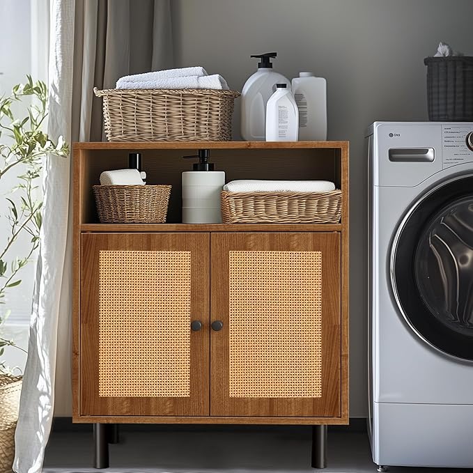 Rattan Storage Cabinet, Boho Accent Cabinet with Double Doors, Small Freestanding Sideboard for Hallway, Laundry Room,Kitchen, Dining Room, Entryway(Walnut)
