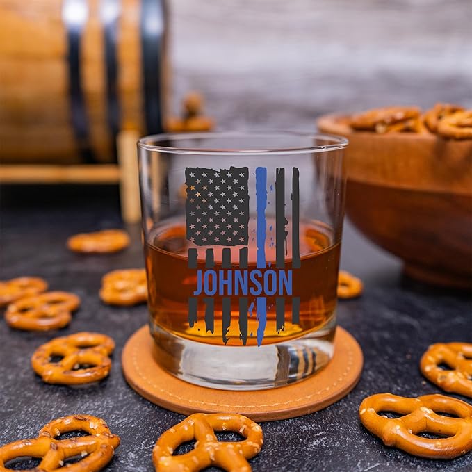 Blue Ridge Mountain Gifts - Thin Blue Line Whiskey Glass - Personalized Law Enforcement Glass, Police Officer Appreciation, Back the Blue, Police Academy Gift, First Responders Custom Glassware
