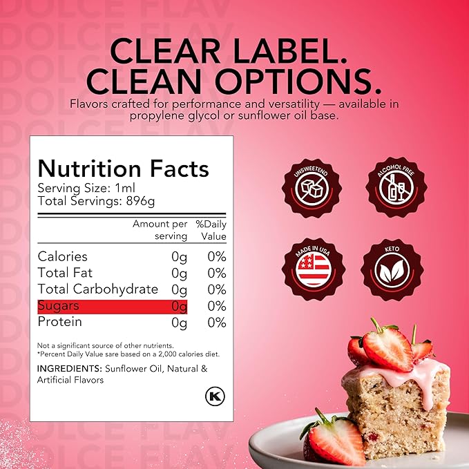 Dolce Flav Strawberry Flavoring – 32 oz. – Premium Oil-Based Extract for Chocolates, Frostings, Baked Goods & Confections | Ideal for Bakeries & Commercial Kitchens