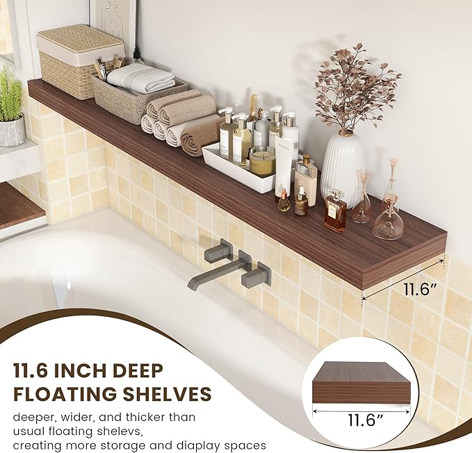 72 Inch Walnut Floating Shelf | 12 Inch Deep Floating Shelves Set of 1 | 72" D x 12" D Rustic Wood Shelves for Wall | Deep Walnut Shelves for Living Room Bathroom Laundry Room Kitchen