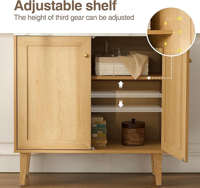 Modern Storage Cabinet Freestanding Accent Cabinet Sideboard Buffet with Faux Marble Top & Adjustable Shelves Wooden Organizer for Dining Room, Living Room Entryway Natural Oak